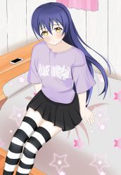 Rule 34 | 1girl, artist name, artist request, bed, bedroom, black legwear, black skirt, blue hair, blush, breasts, brown eyes, cellphone, clothes writing, female focus, hair between eyes, highres, indoors, layered skirt, long hair, looking at viewer, love live!, love live! school idol project, miniskirt, on bed, parted lips, phone, plaid, plaid skirt, pleated, pleated skirt, purple shirt, shirt, short sleeves, skirt, small breasts, smile, solo, sonoda umi, star (symbol), star print, striped legwear, white legwear, yellow eyes