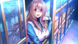 Rule 34 | 1girl, :o, amakano 2, arm rest, azarashi soft, bent over, blonde hair, blush, breasts, female focus, from above, game cg, hair between eyes, happy, highres, indoors, large breasts, long hair, long sleeves, looking at viewer, open mouth, pink eyes, piromizu, smile, solo, standing, tsutamachi chitose