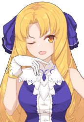 Rule 34 | 1girl, absurdres, blonde hair, blue dress, blue ribbon, breasts, chawan (yultutari), dress, drill hair, fate/kaleid liner prisma illya, fate (series), gloves, hair ribbon, highres, large breasts, long hair, looking at viewer, luviagelita edelfelt, one eye closed, open mouth, parted bangs, ribbon, simple background, sleeveless, sleeveless dress, smile, solo, v-shaped eyebrows, very long hair, white background, white gloves, yellow eyes