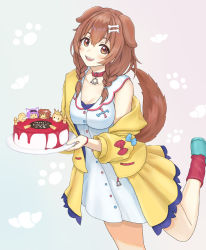 Rule 34 | 1girl, :3, :d, absurdres, animal collar, animal ears, birthday cake, blue footwear, bone hair ornament, bracelet, braid, breasts, brown eyes, brown hair, buttons, cake, cleavage, collar, dog ears, dog girl, dog tail, dress, fangs, food, hair between eyes, hair ornament, hairclip, highres, holding, holding cake, holding food, hololive, inugami korone, inugami korone (1st costume), jacket, jewelry, jiu fanglianhua, leg up, long hair, looking at viewer, loose socks, low twin braids, low twintails, medium breasts, off shoulder, open mouth, red collar, red socks, severed finger, shoes, short dress, smile, sneakers, socks, solo, tail, teeth, twin braids, twintails, upper teeth only, virtual youtuber, white dress, yellow jacket