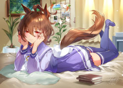 Rule 34 | 1girl, agnes tachyon (umamusume), ahoge, animal ears, blue thighhighs, book, bow, bowtie, brown hair, carrot, closed mouth, commentary request, curtains, earrings, elbow rest, empty eyes, flower pot, frilled skirt, frills, hands on own cheeks, hands on own face, head rest, heart, highres, horse ears, horse girl, horse tail, indoors, jewelry, legs up, long sleeves, looking at viewer, lying, messy hair, motion lines, no shoes, on bed, on stomach, painting (object), photo (object), pillow, plant, pleated skirt, potted plant, purple shirt, purple skirt, purple thighhighs, red eyes, sailor collar, sailor shirt, school uniform, serafuku, shadow, shirt, short hair, signature, single earring, skirt, smile, solo, tail, thighhighs, tracen school uniform, twitter username, umamusume, white bow, yanyo (ogino atsuki)