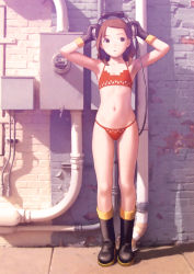 Rule 34 | 1girl, absurdres, armpits, arms up, bare shoulders, bikini, black eyes, black footwear, black gloves, boots, brick wall, brown hair, building, cable, crossed arms, day, flat chest, forehead, full body, futuregraph, gloves, headphones, highres, looking at viewer, murata range, navel, outdoors, industrial pipe, red bikini, rubber boots, scan, shadow, short hair, solo, standing, stomach, sunlight, swimsuit, tareme