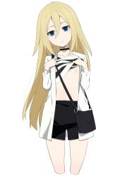 Rule 34 | 1girl, absurdres, bag, black bag, black choker, black shorts, blonde hair, blue eyes, breasts, choker, clothes lift, collarbone, commentary request, head out of frame, highres, jacket, lifted by self, long hair, long sleeves, morisobo, navel, nipples, open clothes, open jacket, parted lips, rachel gardner, satsuriku no tenshi, shirt, shirt lift, shorts, simple background, small breasts, solo, standing, striped clothes, striped shirt, thighs, white background, white jacket, white shirt