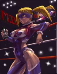 Rule 34 | 1990s (style), 1girl, bare shoulders, blonde hair, blue eyes, bottle, breasts, capcom, clothing cutout, covered erect nipples, cypressdahlia, large breasts, leotard, long hair, mask, rainbow mika, retro artstyle, shoulder cutout, solo, street fighter, street fighter zero (series), towel, twintails, water bottle, wrestling outfit, wrestling ring