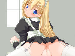Rule 34 | 1girl, anus, blonde hair, blue eyes, blush, bosshi, character request, cleft of venus, game cg, head turn, long hair, looking at viewer, maid, no panties, pov, pussy, solo, spread legs, thighhighs, uncensored