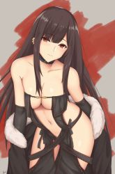 Rule 34 | 1girl, arcie albano, bare shoulders, black dress, breasts, brown hair, center opening, choker, collarbone, commentary request, dress, ear piercing, earrings, elbow gloves, fate/grand order, fate (series), fur-trimmed jacket, fur trim, gloves, hair between eyes, highres, jacket, jewelry, leaning forward, long hair, looking at viewer, medium breasts, multiple earrings, navel, off shoulder, piercing, red eyes, revealing clothes, sidelocks, signature, simple background, solo, stomach, strapless, strapless dress, very long hair, yu mei-ren (fate)