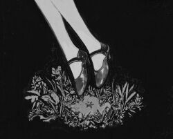 Rule 34 | 1girl, chisato charme, floating, footwear focus, grass, greyscale, high heels, lower body, monochrome, original, pantyhose, plant, simple background, solo, star (symbol)