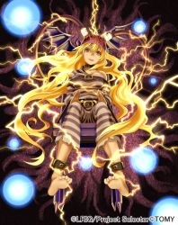 Rule 34 | 10s, 1girl, barefoot, belt, belt buckle, blonde hair, blouse, bound, buckle, cable, chair, electric chair, electricity, electrocution, feet, i-la, light smile, long hair, off-shoulder shirt, off shoulder, official art, prison clothes, red eyes, restrained, selector wixoss, shirt, sitting, soles, solo, strap, striped clothes, striped shirt, tied up (nonsexual), toes, wixoss