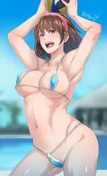 Rule 34 | 1girl, armpits, arms up, ball, beach volleyball, beachball, bikini, blue bikini, blue eyes, blurry, blurry background, breasts, brown hair, butcha-u, covered erect nipples, cowboy shot, dead or alive, dead or alive xtreme venus vacation, gluteal fold, hairband, happy, highres, hitomi (doa), holding, holding ball, looking at viewer, medium breasts, micro bikini, navel, open mouth, outdoors, pink hairband, playing sports, short hair, sideboob, sky, smile, solo, standing, stomach, strap gap, swimsuit, teardrop bikini, thong bikini, toned, underboob, volleyball, volleyball (object)