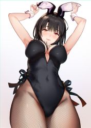 Rule 34 | 1girl, alternate costume, animal ears, armpits, arms up, ascot, black hair, black leotard, black pantyhose, blush, breasts, covered erect nipples, covered navel, detached collar, fake animal ears, fishnet pantyhose, fishnets, from below, gradient background, groin, hands on headwear, hayakawa akari, highres, kantai collection, large breasts, leotard, looking at viewer, open mouth, pantyhose, playboy bunny, rabbit ears, rabbit girl, red eyes, short hair, side-tie leotard, sidelocks, simple background, solo, takao (kancolle), wrist cuffs