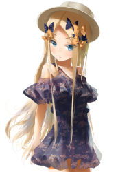Rule 34 | 1girl, abigail williams (fate), alternate costume, bare shoulders, black bow, blonde hair, blue dress, blush, bow, collarbone, dress, fate/grand order, fate (series), floral print, forehead, grey hat, hair bow, hat, highres, long hair, looking at viewer, multiple hair bows, off-shoulder dress, off shoulder, orange bow, parted bangs, parted lips, pleated dress, polka dot, polka dot bow, print dress, sakazakinchan, short sleeves, simple background, solo, very long hair, white background