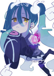 Rule 34 | 1girl, absurdres, bare shoulders, black pantyhose, black skirt, black sleeves, commentary, creatures (company), detached arm, detached legs, detached sleeves, dissolving, game freak, ghost miku (project voltage), green hair, grey shirt, hair between eyes, hatsune miku, highres, hitodama, long sleeves, looking at viewer, nintendo, pantyhose, parted lips, pokemon, project voltage, shirt, simple background, skirt, sleeveless, sleeveless shirt, sleeves past fingers, sleeves past wrists, sofra, solo, twintails, twitter username, vocaloid, white background, yellow eyes