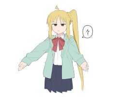 Rule 34 | 1girl, ahoge, blonde hair, bocchi the rock!, highres, ijichi nijika, long hair, ookiiayu, orange eyes, outstretched arms, school uniform, side ponytail, solo, translated, very long hair, white background