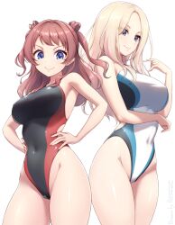 absurdres black_one-piece_swimsuit blue_eyes blush breasts brown_hair competition_swimsuit covered_navel cowboy_shot gakuen_idolmaster hair_bun hanami_saki highleg highleg_one-piece_swimsuit highres himesaki_rinami idolmaster large_breasts long_hair looking_at_viewer medium_breasts multicolored_clothes multicolored_swimsuit one-piece_swimsuit pataneet red_hair smile swimsuit two-tone_swimsuit two_side_up white_background white_one-piece_swimsuit