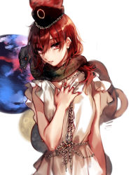 Rule 34 | 1girl, alternate costume, ancient greek clothes, animal, animal around neck, animal on shoulder, chain, dress, eyebrows, frills, gem, greco-roman clothes, hair between eyes, hand on own chest, hat, hecatia lapislazuli, hug (artist), hug (yourhug), jewelry, looking at viewer, parted lips, peplos, planet, red hair, ring, simple background, snake, solo, toga, touhou, upper body, white background, white dress