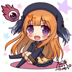 Rule 34 | 1girl, :d, black footwear, black hat, black jacket, black skirt, blush, boots, brown hair, character request, chibi, colored shadow, commentary request, dated, full body, hat, heart, heart in eye, jacket, knee boots, knees up, long hair, long sleeves, looking at viewer, nyano21, open mouth, plaid, plaid skirt, pleated skirt, princess connect!, purple eyes, shadow, shingeki no bahamut, signature, sitting, skirt, sleeves past wrists, smile, solo, star (symbol), starry background, symbol in eye, very long hair, white background, wide sleeves