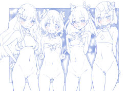Rule 34 | 4girls, antlers, arms behind back, bell, bikini, blue theme, blunt bangs, bottomless, bow, bow bikini, braid, braided hair rings, breasts, choker, christmas, cleavage cutout, cleft of venus, closed mouth, clothing cutout, commentary, crotch seam, delicious party precure, double v, fake antlers, flat chest, frilled bikini, frills, fur-trimmed bikini, fur trim, fuwa kokone, gluteal fold, hair bell, hair ornament, hair rings, hairclip, halterneck, hanamichi ran, hand on own hip, hands on own chest, highres, holly hair ornament, horns, kasai amane, long hair, medium hair, micro bikini, miyagoe yoshitsuki, multiple girls, nagomi yui, navel, neck bell, neck ribbon, open mouth, parted lips, precure, pussy, reindeer antlers, ribbon, short hair, side-by-side, small breasts, smile, spot color, star (symbol), star hair ornament, strapless, strapless bikini, string bikini, swimsuit, thigh gap, twin braids, v