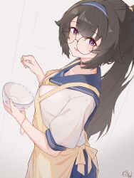 Rule 34 | 1girl, absurdres, alternate hairstyle, apron, bespectacled, black hair, blue hairband, blue sailor collar, blue skirt, bowl, girls&#039; frontline, glasses, hairband, highres, holding, holding bowl, long hair, looking at viewer, lower teeth only, neckerchief, open mouth, pleated skirt, ponytail, purple eyes, round eyewear, sailor collar, school uniform, serafuku, simple background, sitar4081, skirt, smile, solo, super sass (girls&#039; frontline), teeth, upper body, yellow apron, yellow neckerchief
