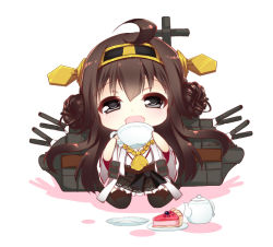 Rule 34 | 10s, 1girl, :d, ahoge, boots, brown hair, cake, chibi, closed eyes, cup, detached sleeves, food, frilled skirt, frills, hair ornament, hairband, headgear, japanese clothes, kantai collection, kongou (kancolle), long hair, miko, open mouth, personification, plate, ribbon-trimmed sleeves, ribbon trim, saucer, simple background, skirt, smile, solo, teacup, teapot, thigh boots, thighhighs, wavy mouth, white background, wide sleeves, yuncha, zettai ryouiki