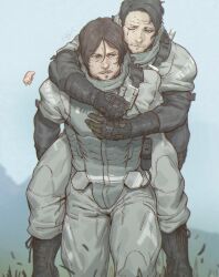Rule 34 | 2boys, black gloves, blue eyes, boots, brown hair, carrying, carrying person, closed mouth, couple, day, death stranding, facial hair, gloves, goatee, grey hair, hamms hamss, higgs (death stranding), highres, looking at another, male focus, mature male, multiple boys, mustache, one eye closed, outdoors, sam porter bridges, short hair, spacesuit, worm, yaoi