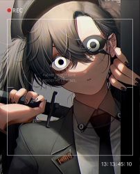 Rule 34 | archived source, bad id, bad twitter id, black jacket, black necktie, collared shirt, eyepatch, gender request, grey background, grey hair, grey shirt, hair between eyes, hands up, highres, holding, holding sword, holding weapon, jacket, kamato il, looking at viewer, nail polish, necktie, original, shadow, shirt, solo, sword, twitter username, upper body, weapon, white eyes
