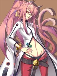 Rule 34 | 1girl, animal ears, arc system works, bad id, bad pixiv id, bell, black panties, blazblue, bracelet, candy, cat ears, cat tail, flat chest, food, glasses, grin, groin, hand on own hip, hip focus, jewelry, kokonoe (blazblue), lollipop, long hair, lowleg, midriff, momiagenberugu, mouth hold, multiple tails, orange eyes, panties, pants, pince-nez, pink hair, ponytail, red pants, smile, solo, tail, thong, toothpick, underwear