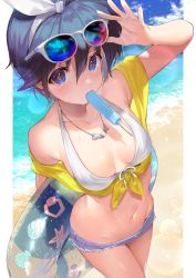 Rule 34 | 1girl, arm up, beach, bikini, bikini top only, blue hair, blush, breasts, cleavage, collarbone, commentary request, cowboy shot, day, denim, denim shorts, eyewear on head, food, from above, front-tie bikini top, front-tie top, genderswap, genderswap (mtf), hair between eyes, hairband, highres, holding, holding swim ring, houshin engi, innertube, jewelry, lens flare, looking at viewer, looking up, medium breasts, mimoza (96mimo414), mouth hold, navel, necklace, ocean, outdoors, popsicle, ribbon, short hair, short shorts, shorts, solo, stomach, sunglasses, sweat, swim ring, swimsuit, taikoubou, water, white-framed eyewear, white bikini, white hairband, white ribbon, yellow ribbon