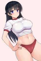 Rule 34 | 1girl, alternate costume, black hair, blue eyes, blush, braid, breasts, buruma, closed mouth, commentary, cowboy shot, dutch angle, expressionless, french braid, groin, gym uniform, hair ornament, hairclip, hand on own hip, highres, hormone koijirou, large breasts, long hair, midriff, navel, nijisanji, pink background, red buruma, shirt, short sleeves, simple background, solo, straight hair, t-shirt, taut clothes, taut shirt, thighs, tsukino mito, virtual youtuber, white shirt