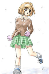 Rule 34 | 00s, 1girl, :d, blue footwear, breasts, brown coat, buttons, coat, green skirt, hairband, kaho (sister princess), leg up, long sleeves, looking to the side, masakichi (crossroad), mittens, open mouth, orange hair, pink mittens, plaid, plaid skirt, pleated skirt, pom pom (clothes), running, shoes, short hair, simple background, sister princess, skirt, small breasts, smile, snow, socks, solo, white background, white socks, winter clothes, winter coat