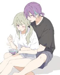 1boy 1girl black_shirt blue_hair blush breasts commentary_request food green_hair highres holding holding_food kamishiro_rui kusanagi_nene long_hair n_ps_7 one_eye_closed open_mouth project_sekai purple_eyes purple_hair shirt short_ponytail short_sleeves shorts simple_background sitting small_breasts sweat t-shirt twintails white_background white_shirt yellow_eyes