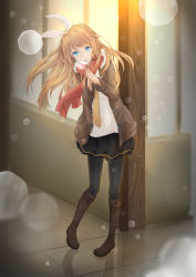 Rule 34 | 1girl, absurdres, alternate hair length, alternate hairstyle, blonde hair, blue eyes, boots, bow, breath, brown footwear, eyelashes, female focus, full body, future style (module), hair bow, hair ornament, hairclip, highres, jacket, kagamine rin, knee boots, long hair, necktie, night, aged up, open mouth, outdoors, pantyhose, pigeon-toed, project diva (series), reflection, scarf, skirt, snow, solo, standing, vocaloid, yumeji