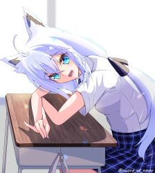 Rule 34 | 1girl, ahoge, animal ear fluff, animal ears, arm rest, backlighting, black bow, blue sky, bow, braid, breasts, commentary request, desk, fox ears, fox girl, fox shadow puppet, green eyes, hair between eyes, hair bow, highres, hololive, leaning forward, long hair, looking at viewer, murasame (sword of nmkr), open mouth, pleated skirt, school desk, shirakami fubuki, shirt, short sleeves, sidelocks, single braid, sitting, skirt, sky, small breasts, solo, twitter username, virtual youtuber, white hair, white shirt