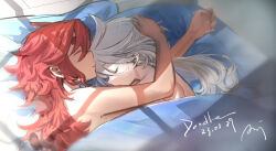 2girls ani_lu closed_eyes dark-skinned_female dark_skin grey_hair gundam gundam_suisei_no_majo lying miorine_rembran multiple_girls on_side parted_lips pillow red_hair sleeping suletta_mercury thick_eyebrows under_covers yuri