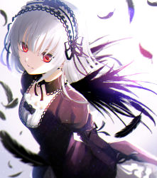 Rule 34 | 1girl, backlighting, black bow, black collar, black dress, black feathers, black flower, black ribbon, black rose, black wings, bow, collar, collarbone, commentary request, detached collar, dress, eyebrows hidden by hair, feathers, flower, gothic lolita, hair between eyes, highres, juliet sleeves, lolita fashion, long hair, long sleeves, looking at viewer, natsupa, parted lips, puffy sleeves, red eyes, ribbon, rose, rozen maiden, silver hair, solo, suigintou, very long hair, wings