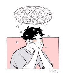 Rule 34 | 1boy, adam&#039;s apple, akaashi keiji, artist name, bare arms, blue eyes, blush, claireiosity, closed mouth, curly hair, eyebrows, face, fingernails, forehead, grey shirt, haikyuu!!, hand on own face, hands on own face, highres, male focus, pale skin, pink background, shirt, short hair, short sleeves, slit pupils, solo, solo focus, star (sky), star (symbol), t-shirt, thinking, thought bubble, twitter username, two-tone background, watermark, white background