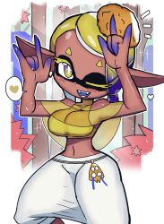 Rule 34 | 1girl, absurdres, autumn leaves, baggy pants, blonde hair, blue hair, blush, breasts, cephalopod eyes, crop top, cross-shaped pupils, dark skin, double m/, earrings, fangs, food, food-themed hair ornament, forest, frye (splatoon), hair ornament, heart, highres, inkling, jewelry, large breasts, leaf, looking at viewer, m/, midriff, multicolored hair, nature, navel, nintendo, one eye closed, open mouth, pants, pointy ears, poncho, shirt, short hair, sleeveless, sleeveless shirt, smile, sparkle, splatoon (series), splatoon 3, spoken heart, squid girl, standing, symbol-shaped pupils, teeth, tempura, tentacle hair, tentacles, tony welt, tree, two-tone hair, white pants, wink, yellow eyes, yellow shirt
