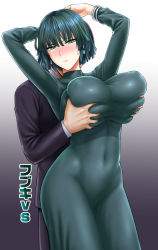 Rule 34 | 1boy, 1girl, arms up, blush, grabbing another&#039;s breast, breasts squeezed together, breasts, dress, earrings, covered erect nipples, fubuki (one-punch man), grabbing, green dress, green eyes, green hair, groping, highres, huge breasts, impossible clothes, jewelry, long sleeves, one-punch man, short hair, solo focus, st.germain-sal