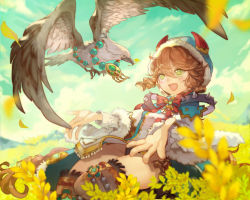Rule 34 | 1girl, :d, absurdres, armlet, bird, blue headwear, blue sky, blurry, blurry foreground, blush, bow, braid, brown hair, brown legwear, cloud, dollyly21, eagle, fur trim, green eyes, hair between eyes, highres, houchi shoujo, jewelry, leaf, long sleeves, mouth hold, necklace, open mouth, outdoors, outstretched arms, panties, pantyshot, red bow, resolution mismatch, short hair, sky, smile, source smaller, spiked armlet, standing, traditional clothes, underwear