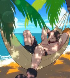 Rule 34 | 1boy, abs, arms behind head, black hair, black shorts, boots, closed eyes, commentary request, freckles, hammock, jewelry, male focus, necklace, nrrn03, ocean, one piece, pearl necklace, portgas d. ace, shadow, short hair, shorts, single shoulder pad, sky, solo, topless male, tree