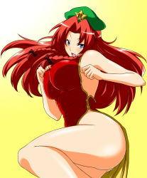 Rule 34 | 1girl, bare shoulders, blue eyes, bow, braid, breasts, china dress, chinese clothes, curvy, dress, covered erect nipples, female focus, fighting stance, hair bow, hat, highleg, hong meiling, large breasts, legs, long hair, no panties, red hair, shirt, shouji nigou, solo, taut clothes, taut shirt, embodiment of scarlet devil, thighs, tight clothes, touhou, twin braids