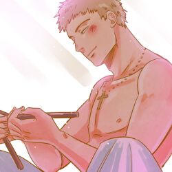 Rule 34 | 1boy, artist request, bad id, bad pixiv id, bed sheet, blonde hair, blush, cross scar, facial scar, holding, holding stick, kawabuchi sentarou, light particles, light rays, light smile, male focus, naked sheet, nipples, rosary, sakamichi no apollon, scar, scar on cheek, scar on face, short hair, smile, solo, stick, third-party source, topless male, upper body