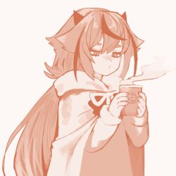 Rule 34 | 1other, alternate costume, blowing steam, bow, bowtie, cloak, commentary request, cup, hair flaps, half-closed eyes, highres, holding, holding cup, hood, hood down, hooded cloak, horns, hot drink, long hair, long sleeves, marutsubo, meika hime, monochrome, mug, multicolored hair, nail polish, one-hour drawing challenge, pink theme, simple background, solo, steam, streaked hair, thick eyebrows, upper body, very long hair, vocaloid