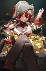 Rule 34 | 1girl, breasts, cleavage, coin, crossed legs, hat, heterochromia, highres, hololive, houshou marine, large breasts, leggings, looking at viewer, lying, modare, off shoulder, pirate, pirate hat, red eyes, red hair, see-through, see-through cleavage, sketch, sleeves past wrists, smile, solo, treasure chest, twintails, unfinished, virtual youtuber, yellow eyes