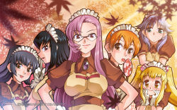 Rule 34 | 6+girls, apron, black hair, blonde hair, blossom (ragnarok online), blue hair, blush, breasts, brown apron, brown dress, brown eyes, candy, closed mouth, collared dress, copyright name, curly sue, dated, dress, earrings, food, glasses, gloves, green eyes, hair between eyes, hair bobbles, hair ornament, highres, jasmine (ragnarok online), jewelry, kafra uniform, leilah (ragnarok online), licking, lollipop, long hair, looking at viewer, maid, maid headdress, medium breasts, mizuki hitoshi, multiple girls, official art, official wallpaper, open mouth, orange hair, pavianne (ragnarok online), pink eyes, pink hair, ponytail, puffy short sleeves, puffy sleeves, ragnarok online, red eyes, roxie (ragnarok online), short hair, short sleeves, smile, tongue, tongue out, tree, twintails, upper body, wallpaper, watermark, white gloves