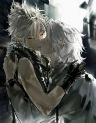 Rule 34 | 2boys, abstract background, against wall, aged down, arms around neck, black gloves, black vest, blonde hair, closed eyes, cloud strife, couple, final fantasy, final fantasy vii, final fantasy vii advent children, final fantasy vii ever crisis, french kiss, gloves, grey hair, hair over eyes, hand on another&#039;s back, hashtag-only commentary, highres, kiss, male focus, multiple boys, no gloves, saliva, saliva trail, sephiroth, short hair, shoulder strap, spiked hair, sweatdrop, time paradox, toned, toned male, upper body, vest, yaoi, yiran toru