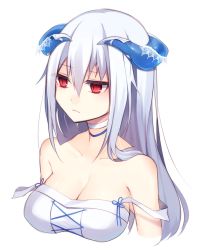 Rule 34 | 1girl, artist request, bare shoulders, breasts, character request, cleavage, demon girl, demon horns, half-closed eyes, horns, long hair, muryotaro, original, red eyes, silver hair, solo