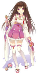 Rule 34 | 1girl, ball, blush, box, brown hair, full body, hair ornament, hairpin, highres, holding, japanese clothes, kimono, legs, long hair, long sleeves, looking at viewer, miko, original, pink skirt, pom pom (clothes), purple eyes, red ribbon, ribbon, sandals, sash, simple background, skirt, smile, solo, standing, tabi, thighhighs, underbust, very long hair, white background, white thighhighs, wide sleeves, yuuki rika, zettai ryouiki