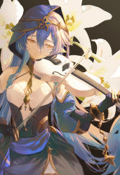 Rule 34 | 1girl, bare shoulders, blue dress, blue gloves, blue hair, cha chya, commentary, dress, genshin impact, gloves, hair between eyes, highres, holding, holding instrument, holding violin, hood, instrument, layla (genshin impact), long hair, music, playing instrument, pointy ears, solo, upper body, very long hair, violin, yellow eyes