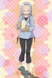 Rule 34 | 1girl, blue slippers, blush, closed eyes, closed mouth, collarbone, dot nose, grey hair, hidamari sketch, highres, holding, long-sleeved shirt, long hair, no socks, oven mitts, pants, riri (hidamari sketch), shirt, slippers, solo, standing, star (symbol), stitched, tea kettle, third-party edit