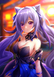 Rule 34 | 1girl, armpits, bare shoulders, black dress, blurry, blush, bow, breasts, choker, cleavage, commentary request, depth of field, detached sleeves, double bun, dress, eyes visible through hair, formal, genshin impact, hair between eyes, hair bow, hair bun, hair ornament, hair ribbon, highres, keqing (genshin impact), keqing (opulent splendor) (genshin impact), large breasts, long hair, looking at viewer, medium breasts, purple eyes, purple hair, ribbon, royboy, sidelocks, smile, solo, twintails